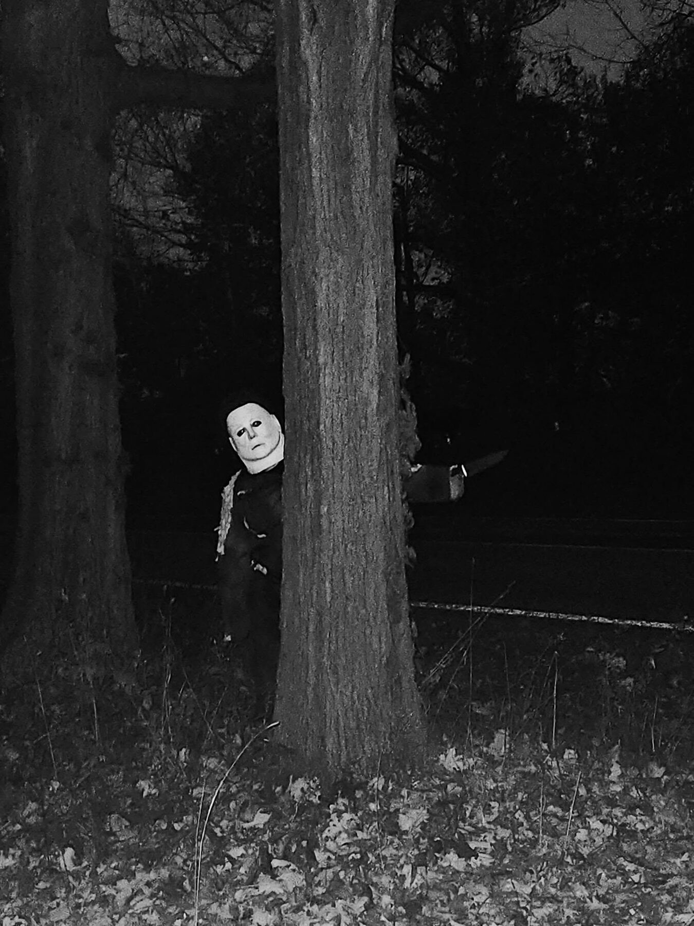Moody black and white Halloween portrait in the woods